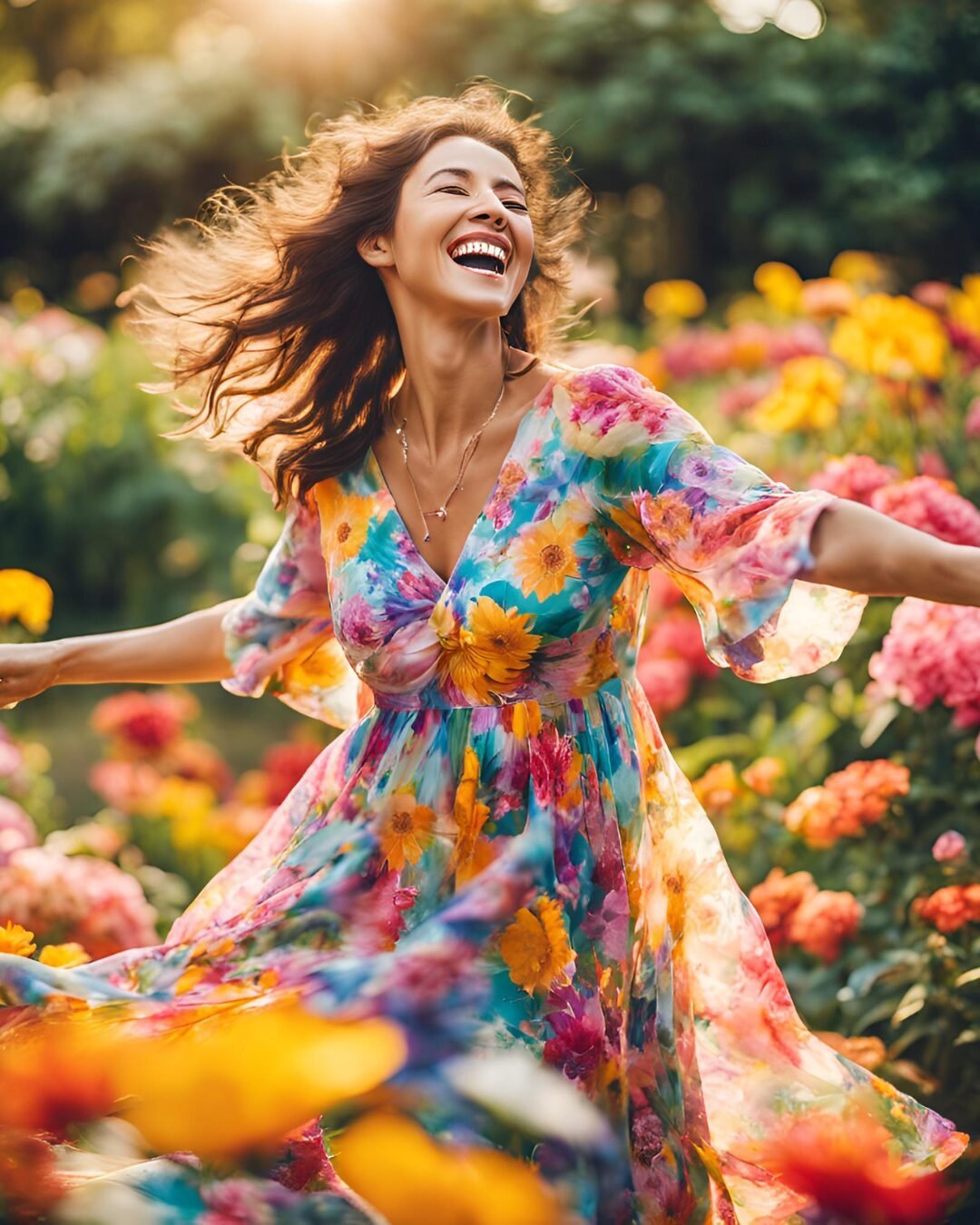 Woman wearing a floral muumuu dress in a garden