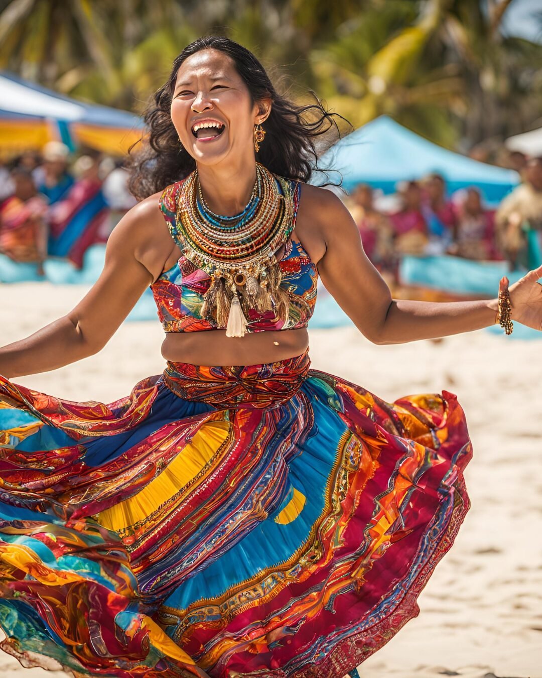 Woman dancing in a colourful Micronesian skirt