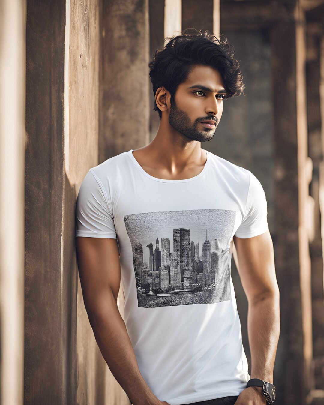 Man wearing a white island graphic t-shirt