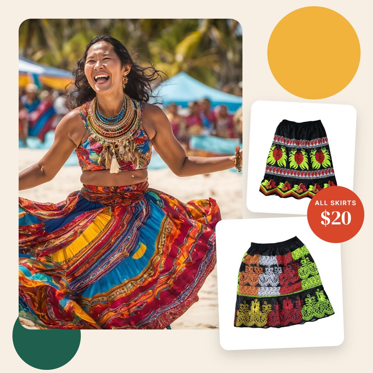 Woman in a colourful Micronesian skirt with Pohnpeian skirts from Ayaabi