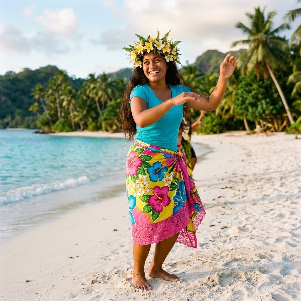 Smiling Pohnpeian woman with a flower mwarmwar dancing on the beach in a colourful embroidered Micronesian skirt