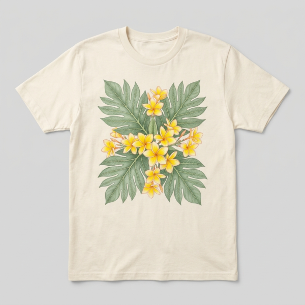 Cream t-shirt featuring sage green breadfruit leaves and yellow frangipani floral artwork.