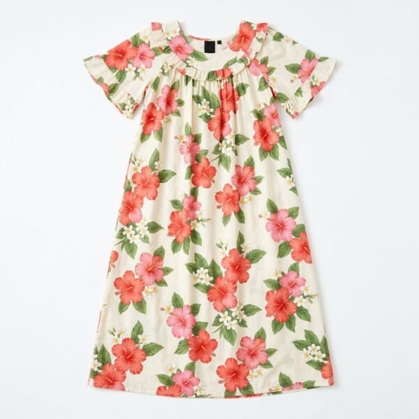 Cream muumuu dress with coral and pink hibiscus print and flutter sleeves
