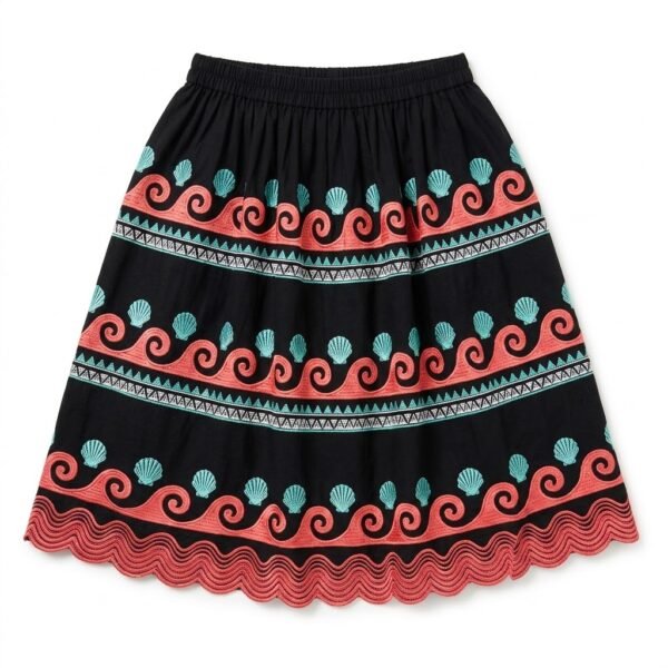 Black Micronesian skirt embroidered with coral ocean waves, aqua seashells and triangle bands