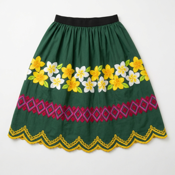 Emerald green Micronesian embroidered skirt with white and yellow plumeria flowers and red geometric hem