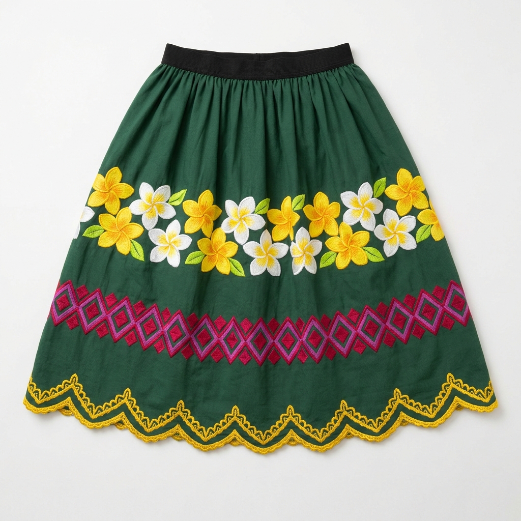 Emerald green Micronesian embroidered skirt with white and yellow plumeria flowers and red geometric hem