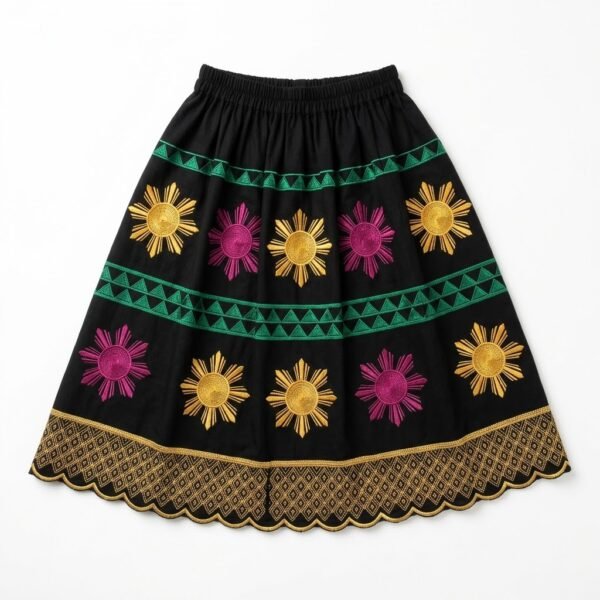 Black Micronesian skirt embroidered with gold and magenta sunbursts, green triangle bands and a gold hem