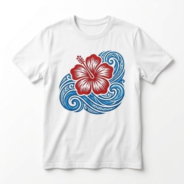 White T-shirt with a red hibiscus and blue ocean wave print
