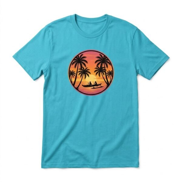 Turquoise T-shirt with an island sunset, palm trees and outrigger canoe badge print