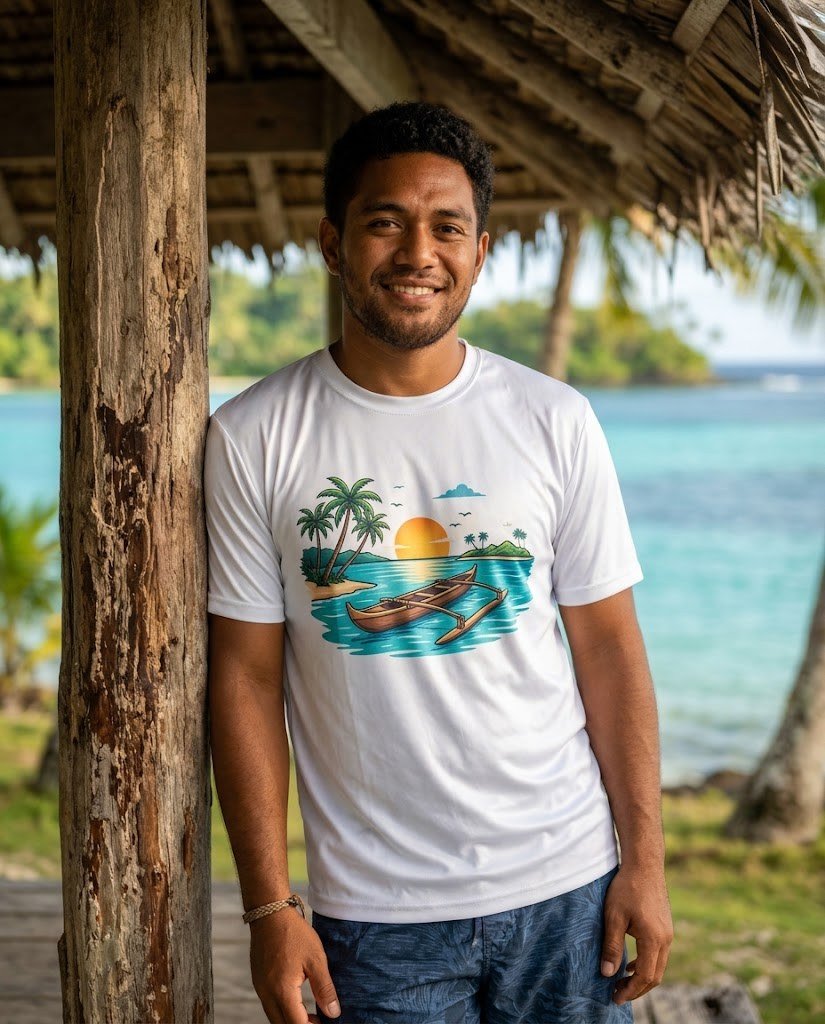 Micronesian man wearing a white polyester island graphic t-shirt with an outrigger canoe and sunset print by the lagoon