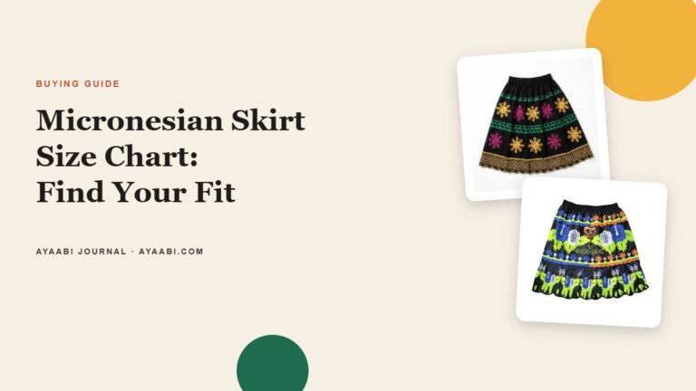 Ayaabi buying guide cover for Micronesian skirt size chart with two embroidered skirts