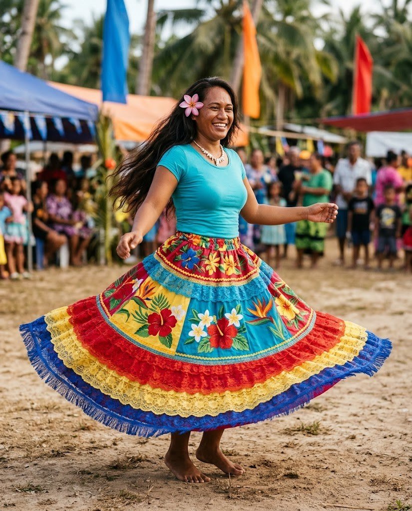 Micronesian woman twirling in a colourful embroidered Micronesian skirt with lace hem at a village celebration
