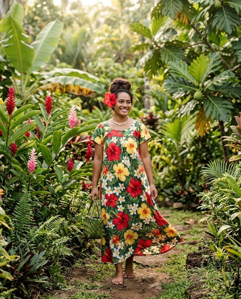 Micronesian woman wearing a hibiscus print muumuu dress in a tropical island garden