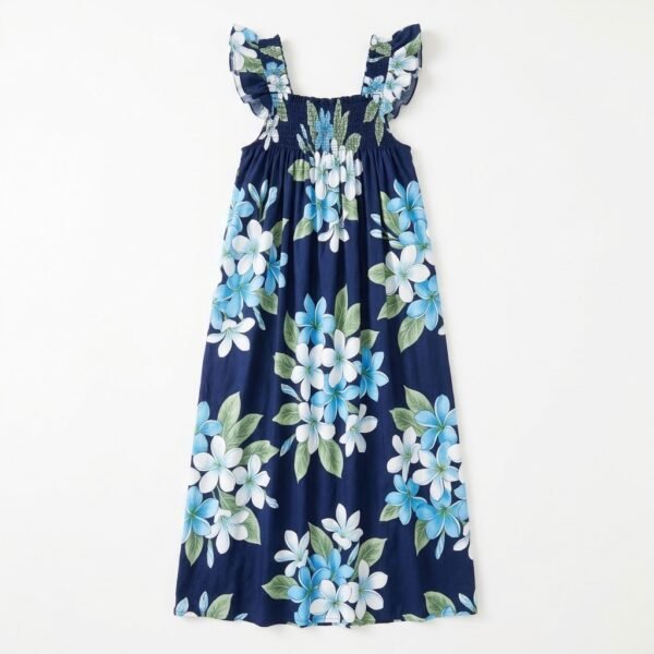 Navy muumuu dress with white and sky-blue plumeria print, ruffle straps and smocked bodice