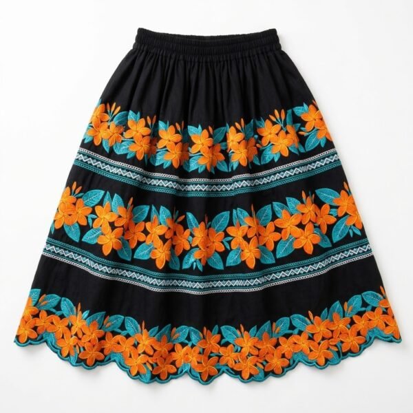 Black Micronesian skirt embroidered with orange plumeria flowers, turquoise leaves and a scalloped hem