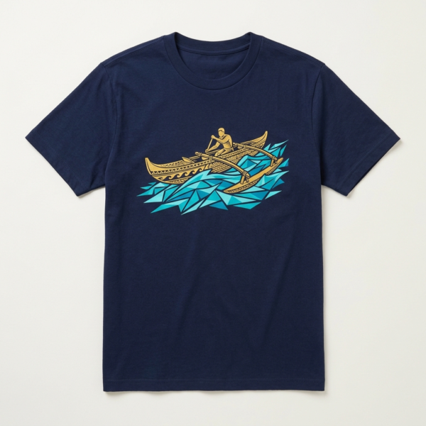 Navy blue t-shirt with a golden Pacific outrigger canoe design and turquoise wave geometry.