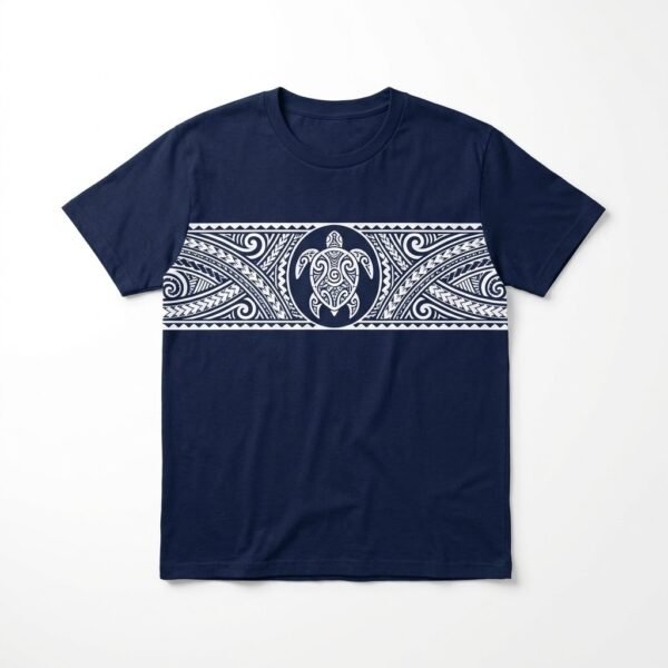 Navy T-shirt with a white Polynesian-style tribal band and sea turtle across the chest