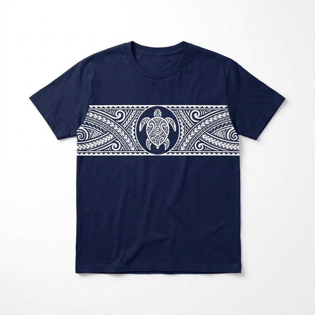 Navy T-shirt with a white Polynesian-style tribal band and sea turtle across the chest
