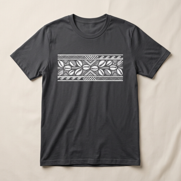 Charcoal grey graphic t-shirt adorned with white cowrie shell geometric bands.